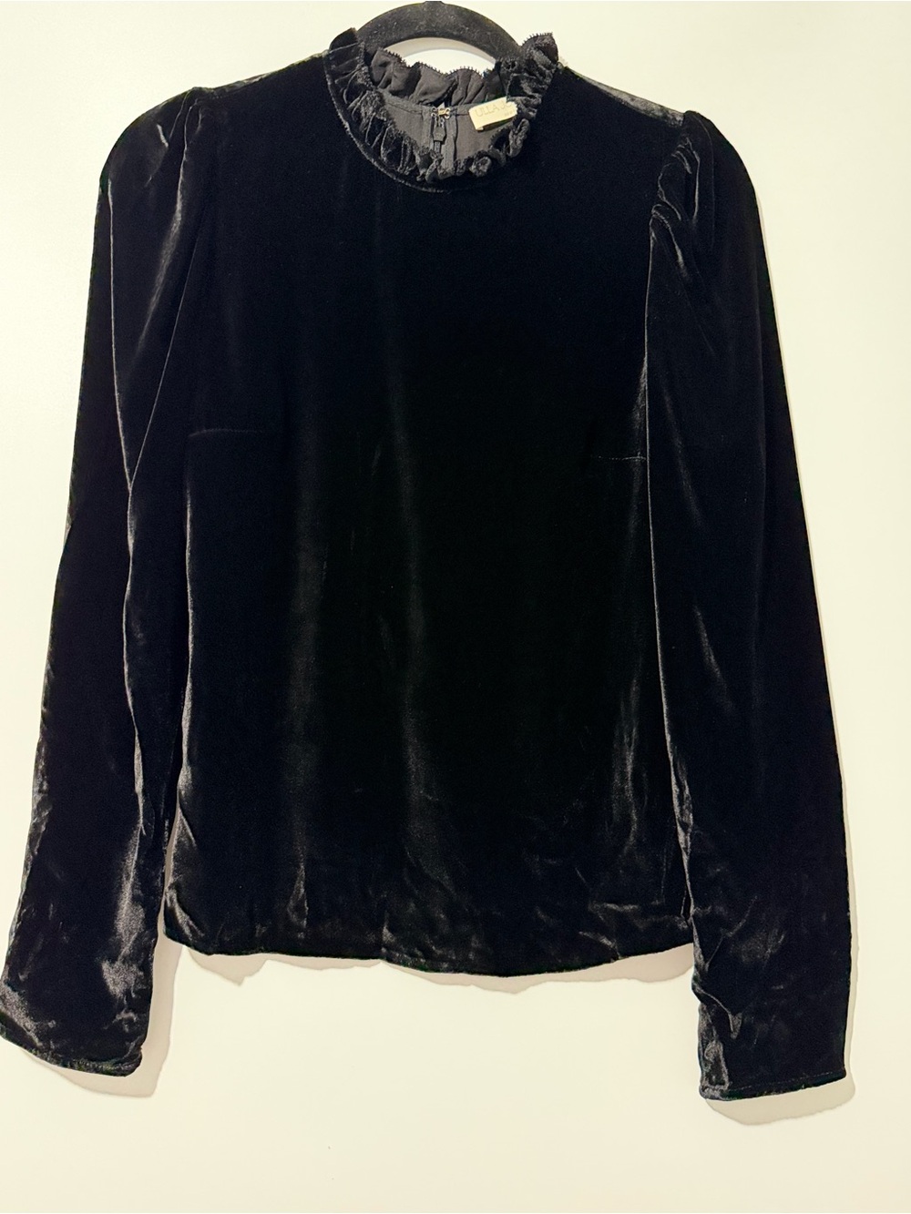 Ulla Johnson Marlene Velvet Ruffle Trim Long Sleeve Top Black Size 4 Silk Blend